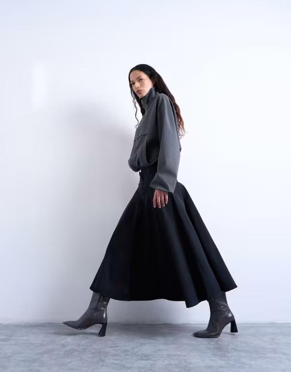 とっ始め販売店 レディース 下つ方スコート ジーンズ マキシ Topshop denim yoke front maxi skirt インチ washed BLACK 黒いこと