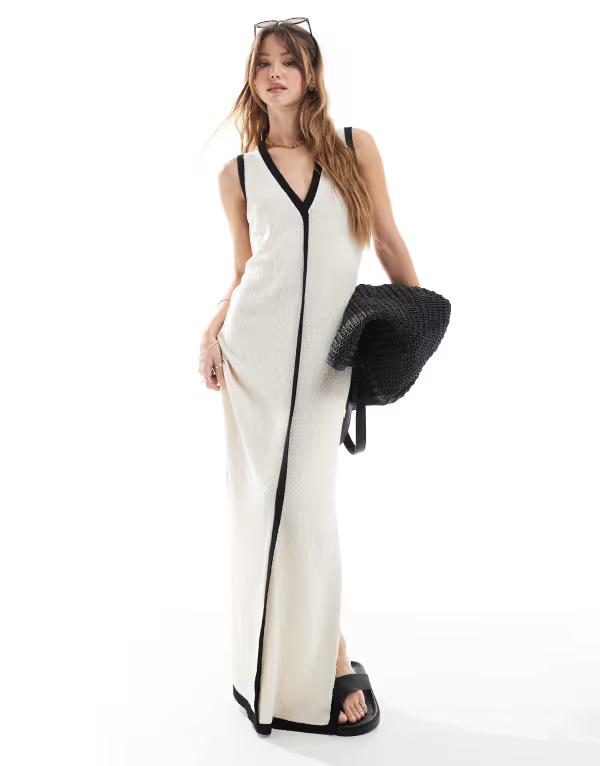 フォース&レックレス レディース トップス ワンピース Vネック ノースリーブ コントラスト ニット マキシ 4th & Reckless contrastrim sleeveless V-necknit beach maxi dress in ecru エクリュ|ReVida 店