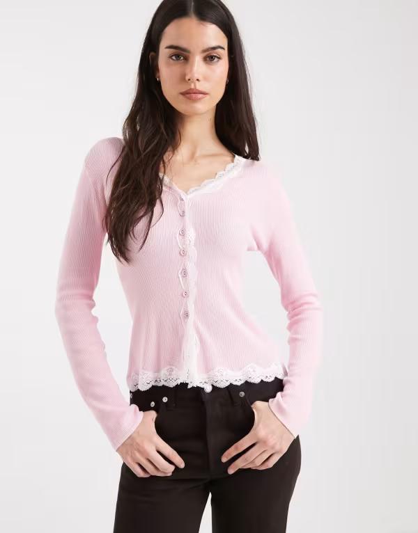 ミスセルフフリッジ レディース アウター カーディガン レーストリム レース Misselfridge lace trim cardigan pink ピンク