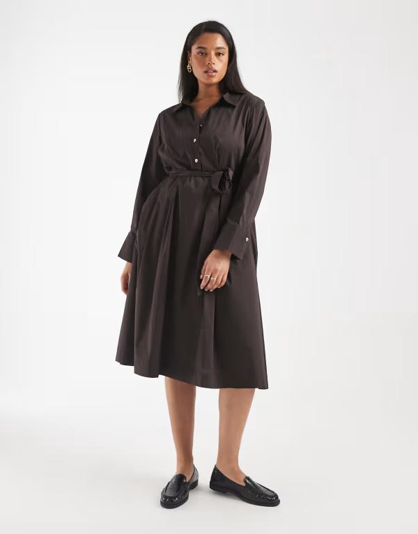 ヴェロモーダ レディース トップス ワンピース ミディ シャツ Vero Moda Curve belted poplin midi shirt dress in chocolate torte チョコレート