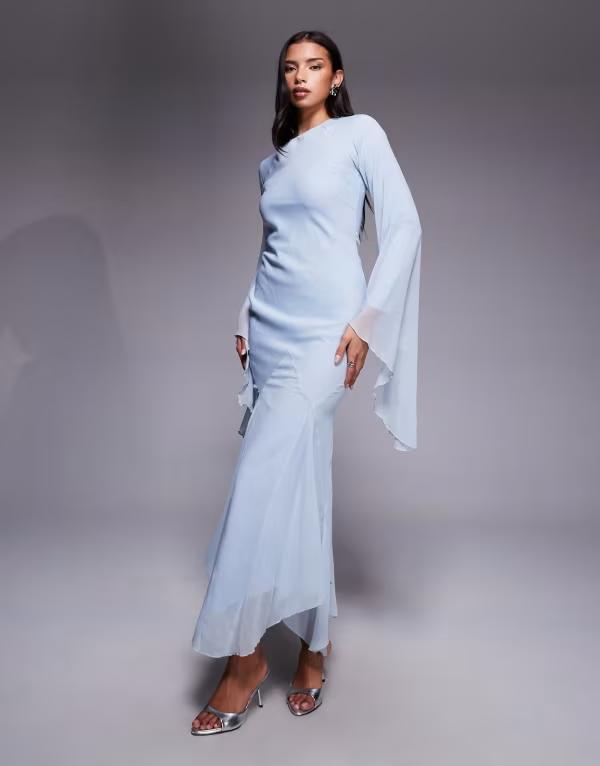 エイソス レディース トップス ワンピース フリル スカート マキシ ASOS DESIGN extreme ruffle sleeve maxi dress with godet insert skirt in light BLUE ブルー 25,418円