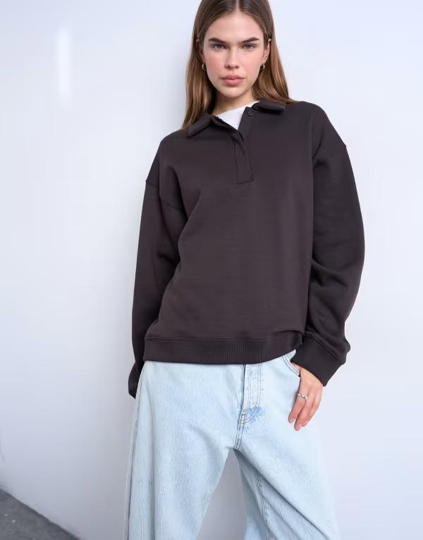 トップショップ レディース アウター パーカー・スウェット ポロシャツ Topshopolo sweatshirt in dark chocolate Dark chocolate チョコレート｜ReVida 店