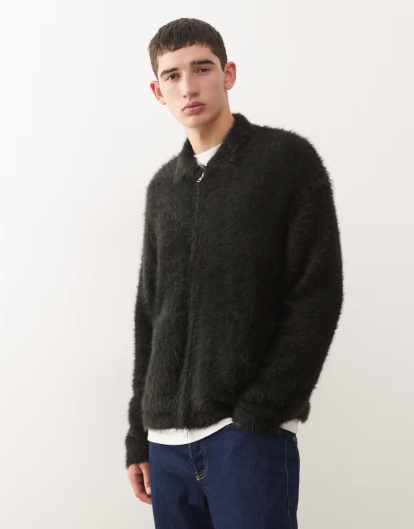 週日 メンズ アウター ジレー 編み物 Weekday hairy knit zip cardigan with collar Black 黒いこと