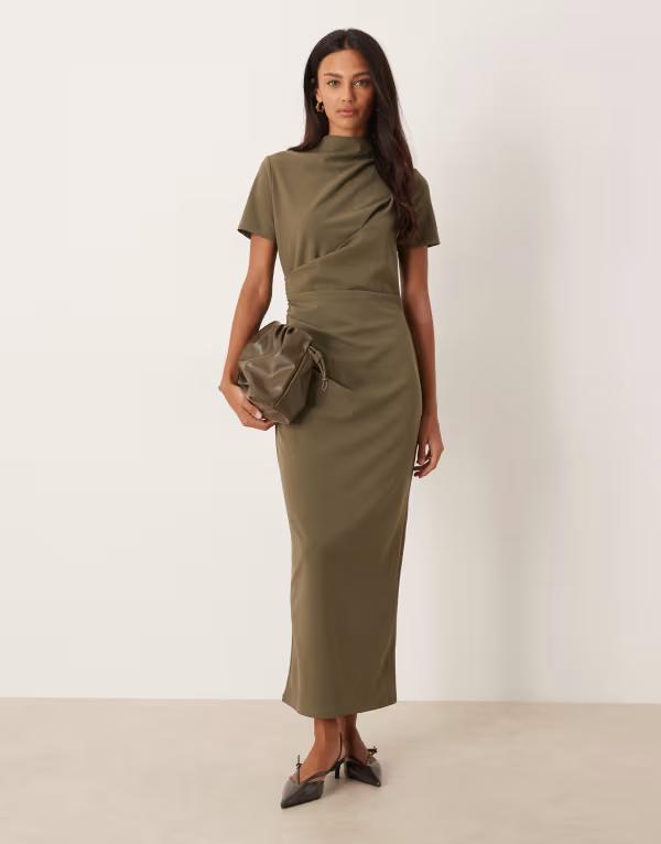 エイソス レディース トップス ワンピース ハイネック ドレープリーツ ASOS DESIGN pleatedraped high neck midaxi dress Khaki カーキ｜ReVida 店 15,735円