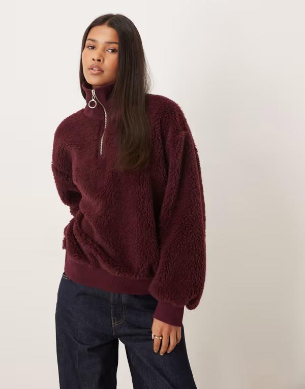 エイソス レディース トップス プルオーバー ハイネック ASOS DESIGN borg oversized zip up top withigh neck Burgundy バーガンディ