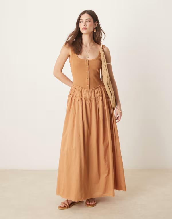 エイソス レディース トップス ワンピース リブ スカート マキシ ASOS DESIGN scoop button ribbed bodice maxi dress with poplin skirt in rust ラスト