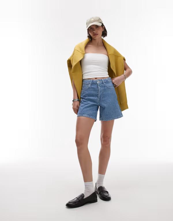 とっ始め販売店 レディース ボトムス 二分の一ズボン下・さる股引き 遊撃手ズボン下 ジーンズ Topshop denim Editor shorts インチ bleach stripe 縞模様