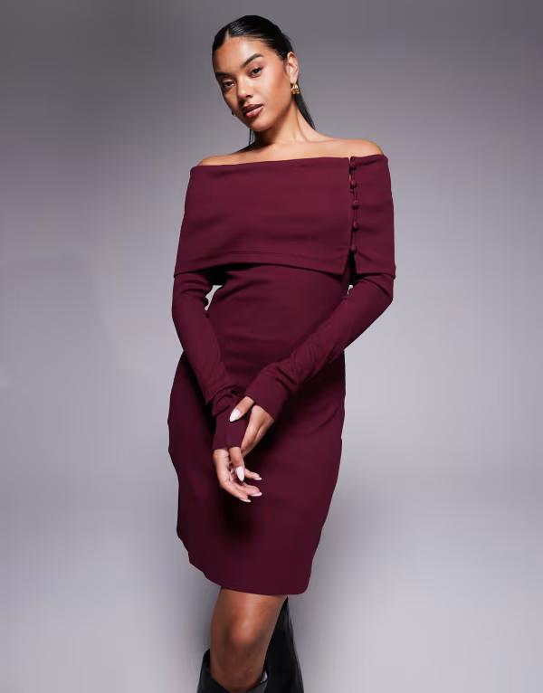 エイソス レディース トップス ワンピース ミニ ASOS DESIGN bardot rib mini dress with button detail Burgundy バーガンディ