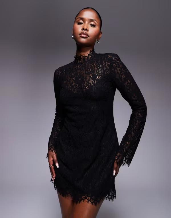 エーエフアールエム レディース トップス 衣装 ミニ シアー スピード競技 AFRM sheer long sleeve lace mini dress Black 黒いこと