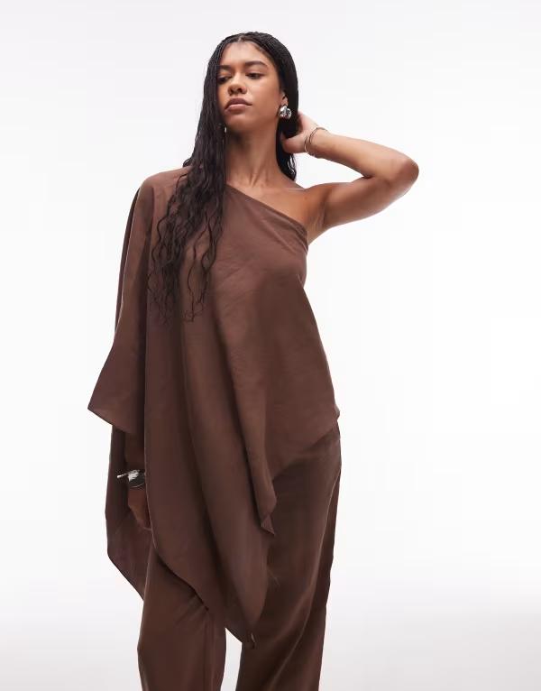 エイソス レディース トップス シャツ ドレープ ASOS DESIGN modal one shoulder draped top in chocolate チョコレート
