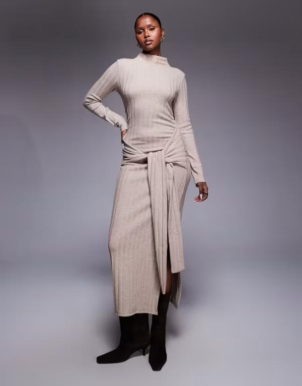 エイソス レディース トップス ワンピース ハイネック リブ ミディ ASOS DESIGN ribbed high neck tie front midi dress ineutral NEUTRAL