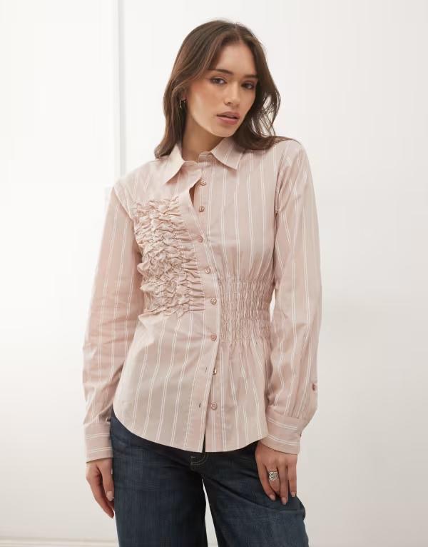 コルージョン レディース トップス シャツ COLLUSION shirred long sleeve shirt ineutral stripes NEUTRAL ストライプ