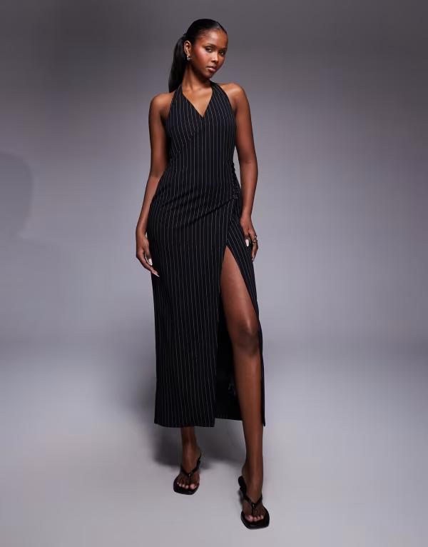 エイソス レディース トップス ワンピース ミディ ASOS DESIGN tailored plunge neck midi dress in stripes Pinstripe ストライプ