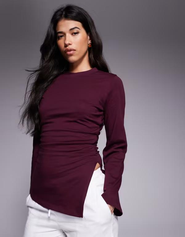エイソス レディース トップス シャツ アシンメトリー ASOS DESIGN cinched side asymmetric tee in wine ワイン