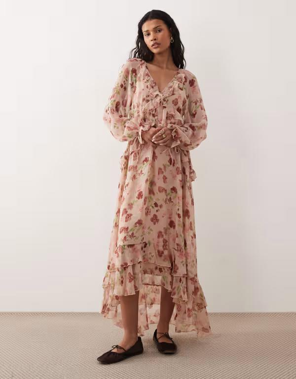 キスザスカイ レディース トップス 衣装 ティアード 御花柄 御花 Kiss The Sky long sleeve floaty tiered midaxi dress floral PINK サクラ色