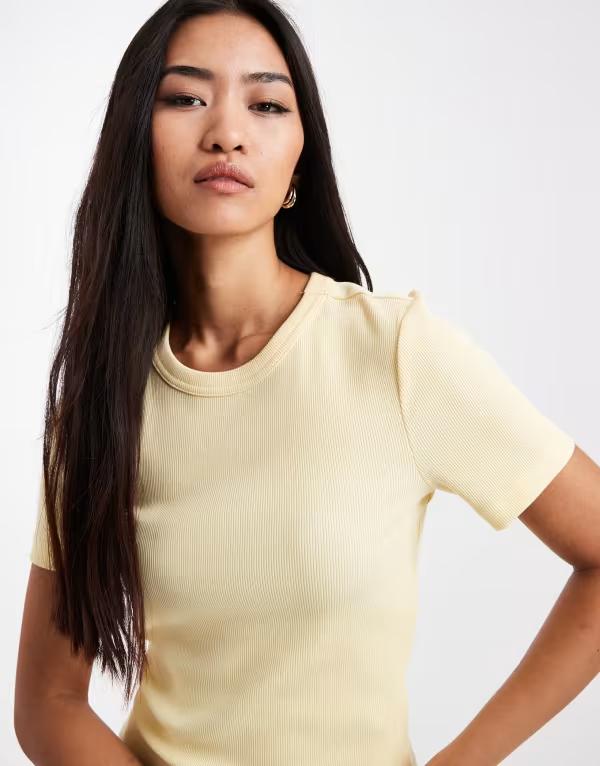 オンリー レディース トップス ティーシャツ 肋材 ONLY ribbed T-shirt インチ pale yellow Sunlight 黄み Tシャツ・カットソー-レディースファッション-トップス
