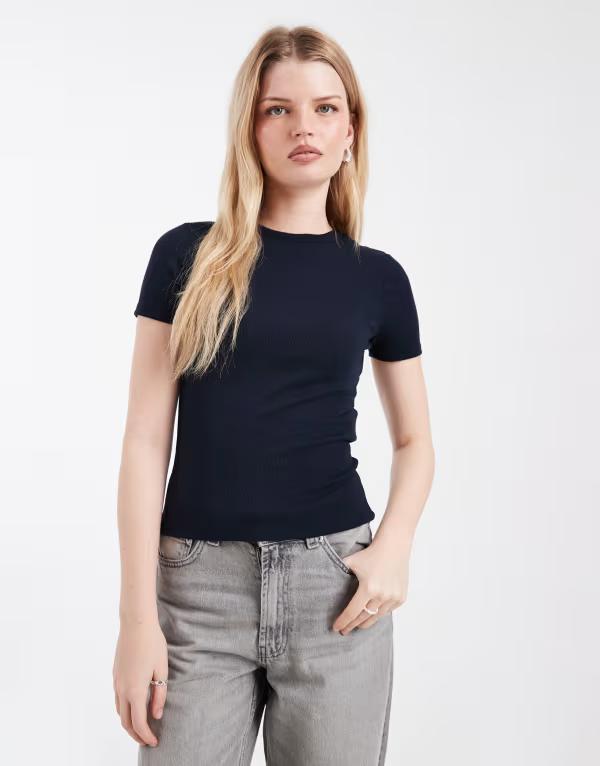 オンリー レディース トップス Tシャツ リブニット ONLY fitted rib knitop Night Sky ネイビー