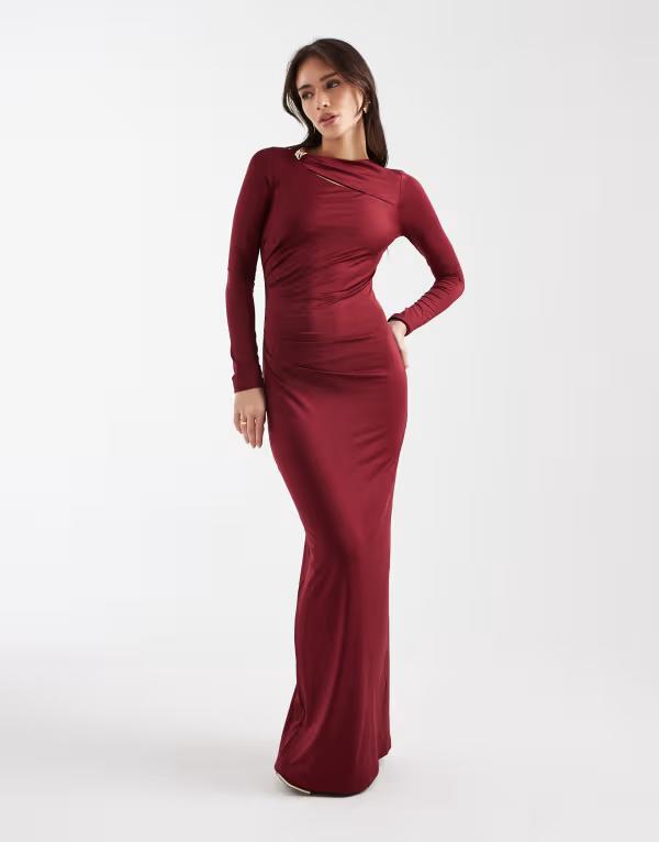 フォース&レックレス レディース トップス ワンピース カットアウト ギャザー マキシ 4th & Reckless ruched side long sleeve metal cut out detail maxi dress Burgundy バーガンディ