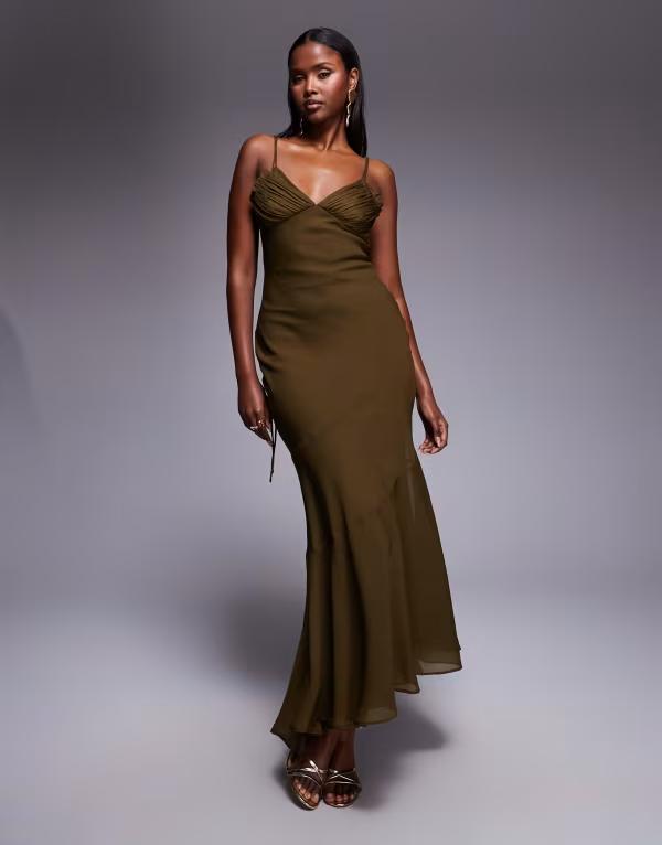 エイソス レディース トップス ワンピース ASOS DESIGN bias cut fishtail dress with micro double layer bust Khaki カーキ