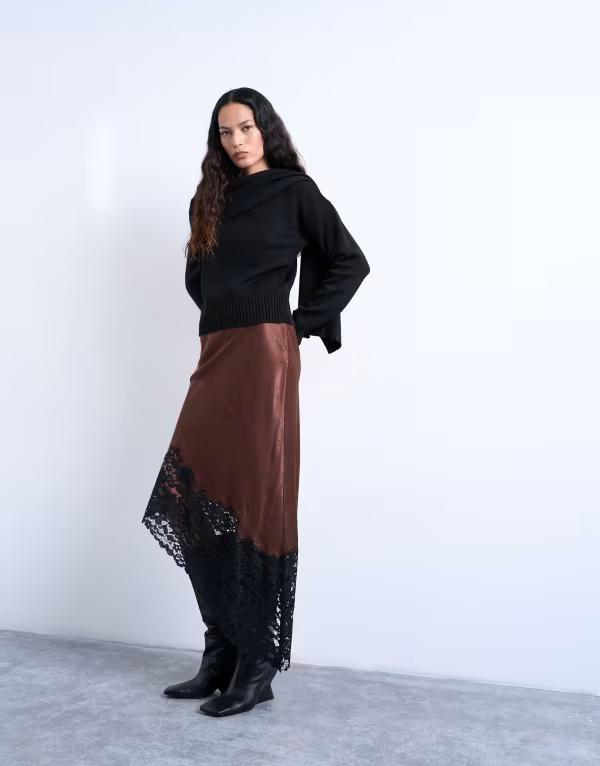 とっ始め販売店 レディース 下つ方スコート 非対称 繻子 スピード競技 Topshop satin asymmetric lace hemidaxi skirt with black lace Black 黒いこと