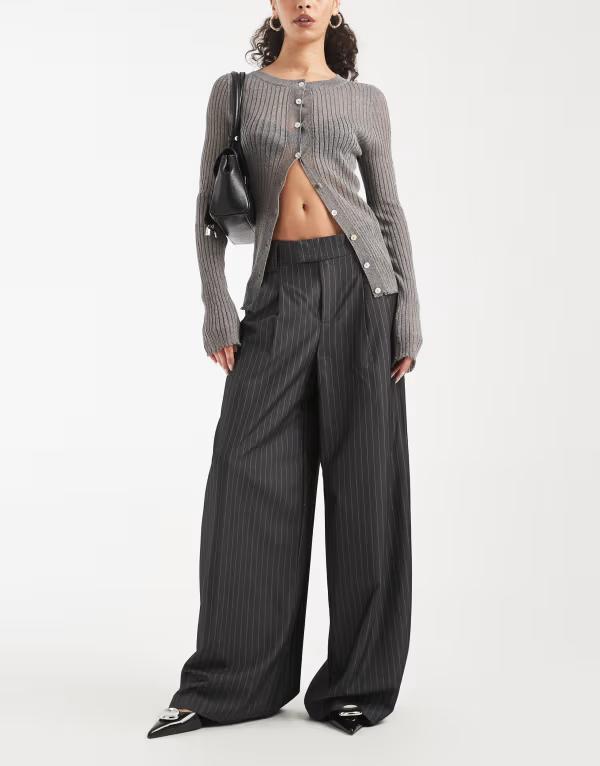オンリー レディース ボトムス カジュアルパンツ ワイドレッグ ONLY wide leg tailored pants in dark gray pinstripe DARK GRAY グレー