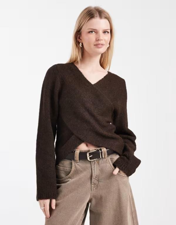 オンリー レディース アウター ニット・セーター ONLY reversible wrap around knit sweater Seal brown ブラウン｜ReVida 店
