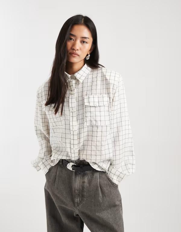 エイソス レディース トップス シャツ ASOS DESIGN oversized longline shirt in windowpane check Cream Brushed Plaid クリーム