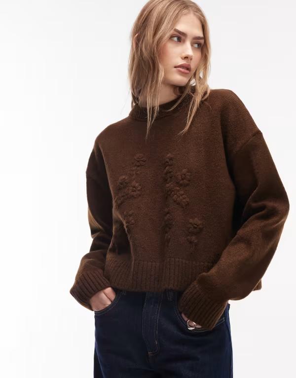 エイソス レディース アウター ニット・セーター 刺繍 ASOS DESIGN fluffy knit hand embroidered sweater BROWN ブラウン