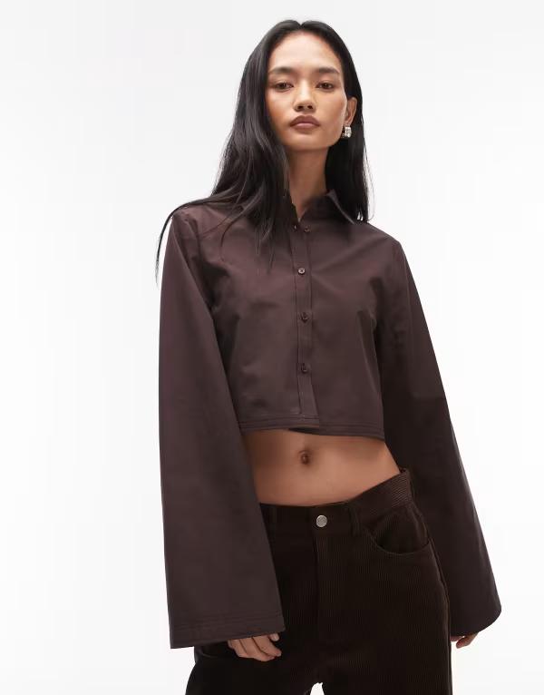 エイソス レディース トップス プルオーバー ASOS DESIGN wide sleeve boxy shirt インチ chocolate 黒茶