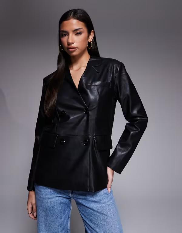 リバーアイランド レディース アウター ジャケット・ブルゾン ブレザー River Island collarless double breasted PU blazer Black ブラック