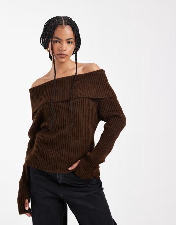 エイソス レディース アウター ニット・セーター ASOS DESIGN knit bardot sweater Brown ブラウン