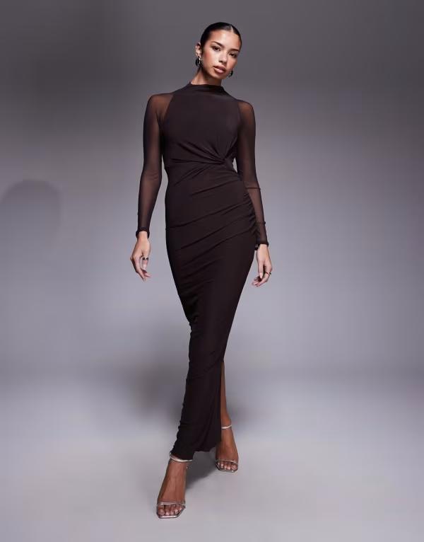 エイソス レディース トップス 衣装 メッシュ マキシ ホルター ASOS DESIGN mesh long sleeve twisted bust detailing halter neck maxi dress インチ chocolate 黒茶