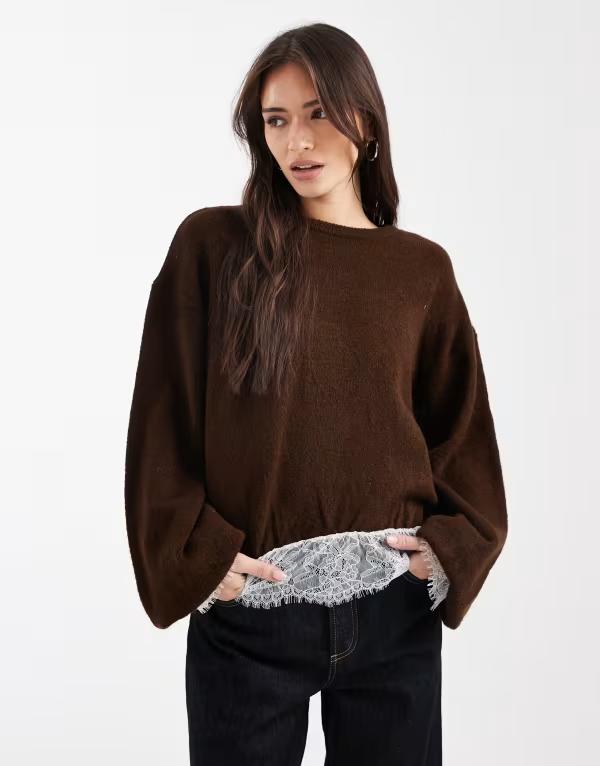 エイソス レディース アウター ニット・セーター レース ASOS DESIGN knit bubble hem sweater with lace hem Brown ブラウン