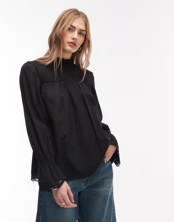 エイソス レディース トップス プルオーバー スピード競技刈り込み トップ スピード競技 ASOS DESIGN shirred lace trim babydoll blouse Black 黒いこと