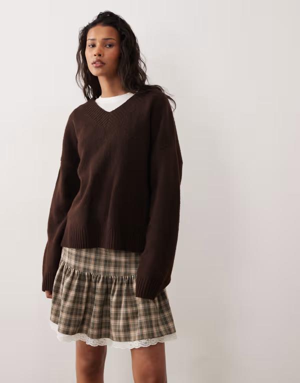 エイソス レディース 下つ方スコート スピード競技刈り込み ミニ スピード競技 ASOS DESIGN dropped waist lace trimini skirt インチ plaid Khaki check カーキ レディースファッション-スカート