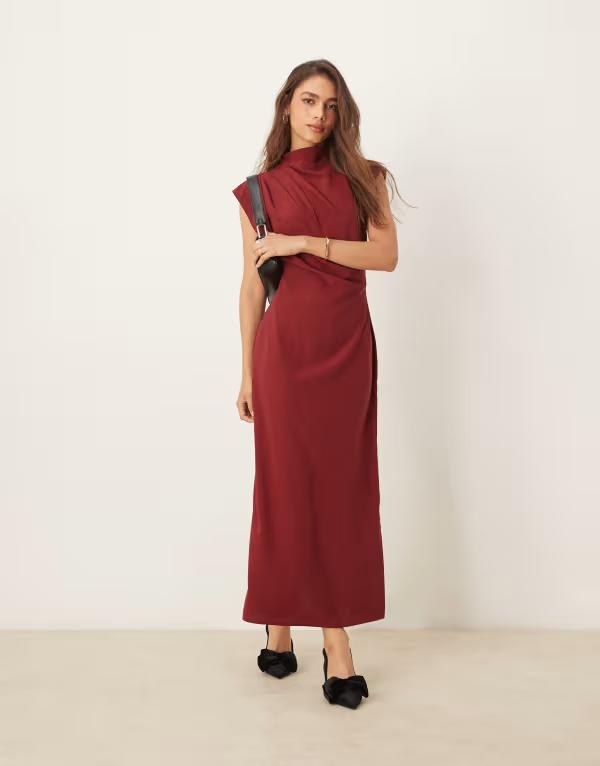 エイソス レディース トップス 衣装 ハイネック ドレープ midi ノースリーブ ASOS DESIGN high neck sleeveless MIDI dress with draped neck Burgundy バーガンディ