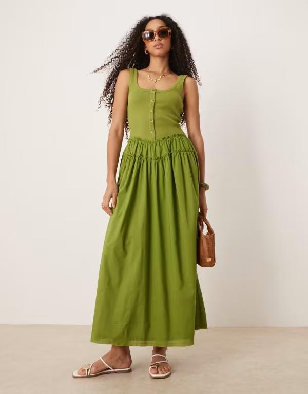 エイソス レディース トップス ワンピース リブ スカート マキシ ASOS Design scoop button ribbed bodice with poplin skirt maxi dress in olive オリーブ