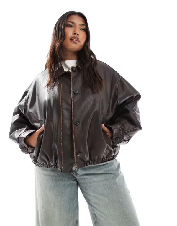 エイソス レディース アウター ジャケット・ブルゾン ヴィンテージ レザー ASOS Curve ASOS DESIGN Curve vintage wash leather look bomber jacket Brown ブラウン