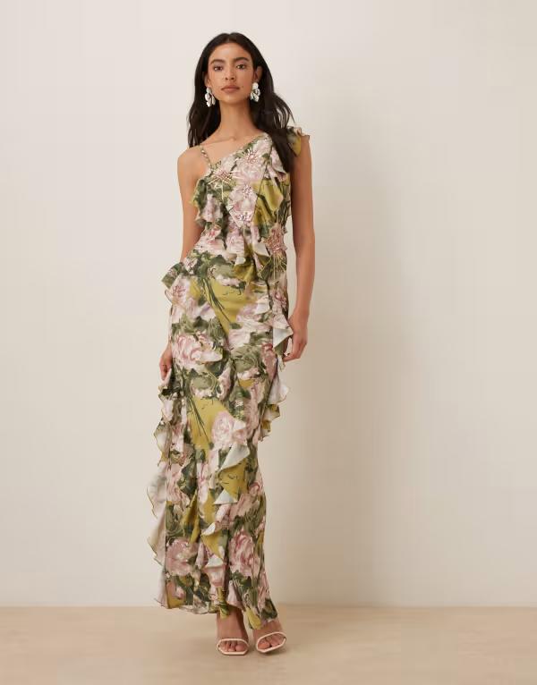 エイソス レディース トップス ワンピース アシンメトリー フラワー柄 プリント フリル サテン マキシ フラワー ASOS DESIGN one shoulder asymmetric ruffle satin embellished maxi dress floral print Green floral グリーン｜ReVida 店
