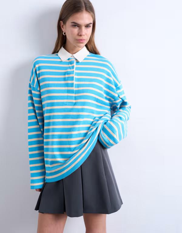 トップショップ レディース トップス ポロシャツ パイル Topshop terrycloth stripe long sleeve polo BLUE ブルー|ReVida 店