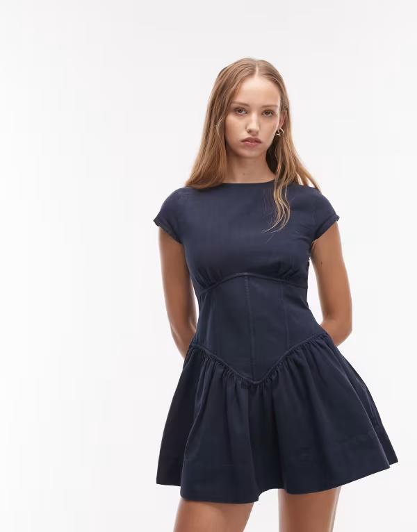 エイソス レディース トップス ワンピース ミニ ノースリーブ デニム ASOS DESIGN corset inspired sleeveless mini dress in denim Blue デニム