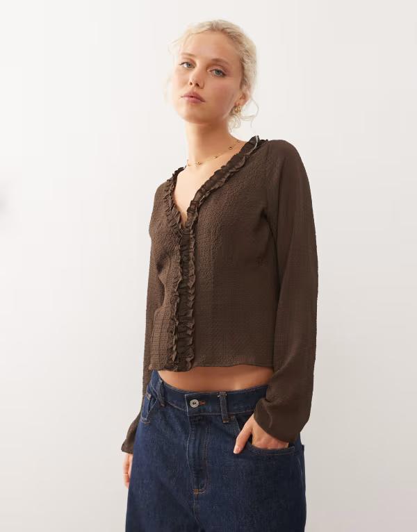 コルージョン レディース トップス シャツ フリル ブラウス COLLUSION long sleeve ruffle blouse BROWN ブラウン