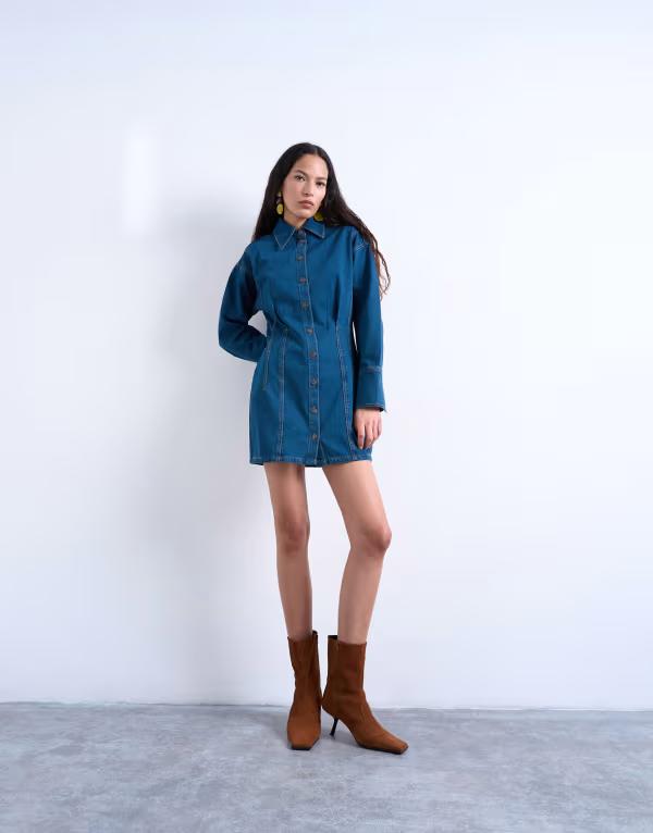 トップショップ レディース トップス ワンピース ミニ デニム Topshop denim cinch detail mini dress Blue black ブラック