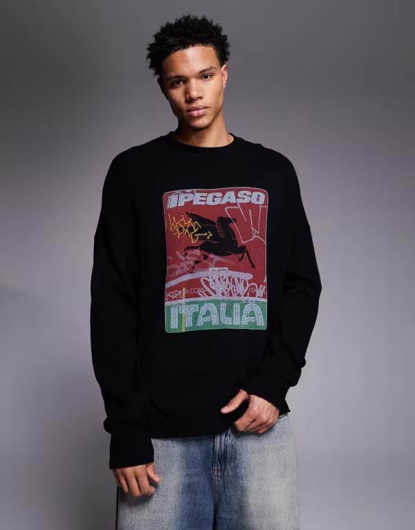エイソス メンズ アウター ニット・セーター クルーネック プリント ASOS DESIGN oversized knit crew neck sweater with Ipegaso print Multi マルチカラー
