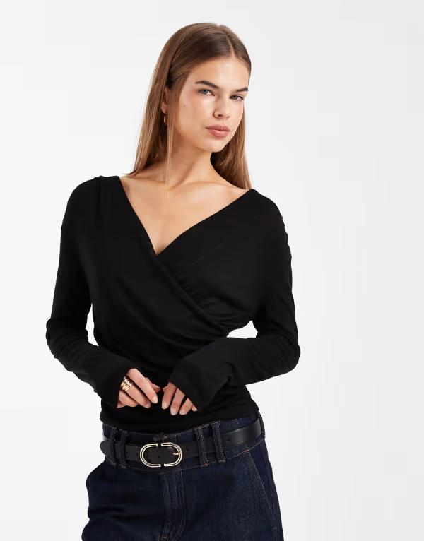 エイソス レディース トップス プルオーバー ドレープ プルオーバー ASOS DESIGN soft jersey drape wrap long sleeve top インチ cream Black 黒いこと