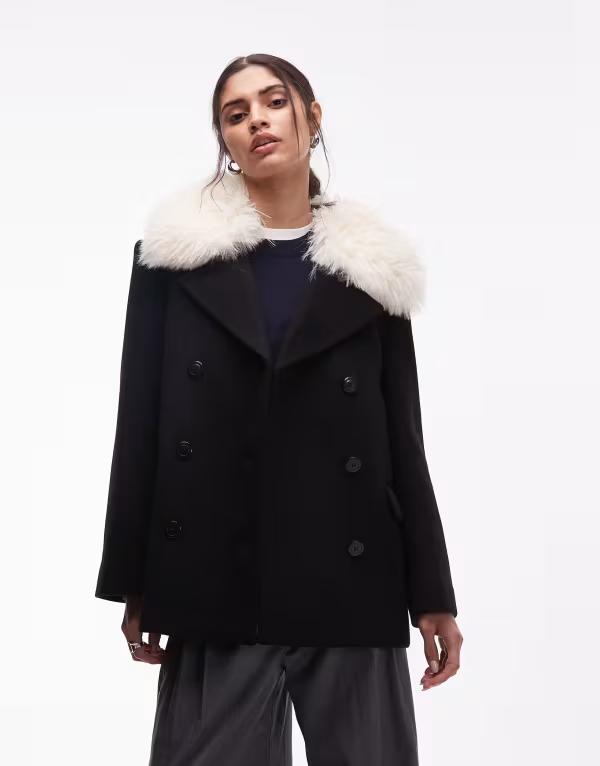 アンドアザーストーリーズ レディース アウター コート ウール & Other Stories wool blend short double breasted coat with flap welt pockets and faux fur collar Black ブラック