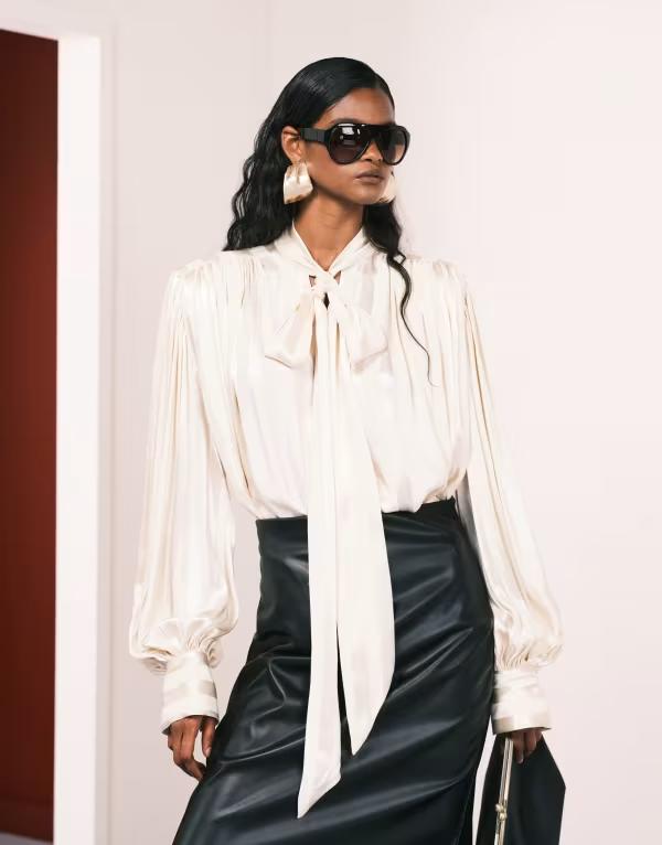 エイソス レディース トップス シャツ サテン ブラウス ASOS DESIGN satin shoulder pads volume gathered blouse in ecru stripes Cream Stripe クリーム