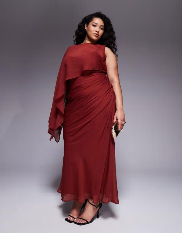 エイソス レディース トップス ワンピース ドレープ オーバーレイ スカート マキシ ASOS Curve ASOS DESIGN Curve layered sleeve overlay maxi dress with draped skirt in rust ラスト