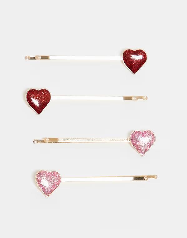 ピーシーズ レディース アクセサリー Pieces heart detailing slide hair clips tone pink and Red and gold レッド