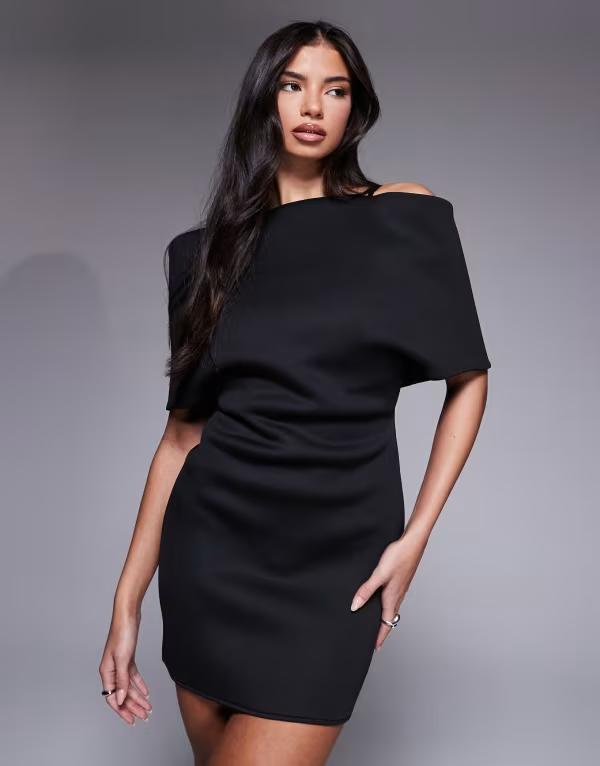 エイソス レディース トップス 衣装 ケープひな型 ミニ アクアラング 旗がしら ケープ ASOS DESIGN deep off the shoulder mini dress with cape back detail scuba-style fabric Black 黒いこと